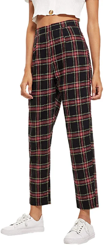 Milumia Women's Casual Mid Waist Plaid Zip Side Pants Cozy Fitted Pants