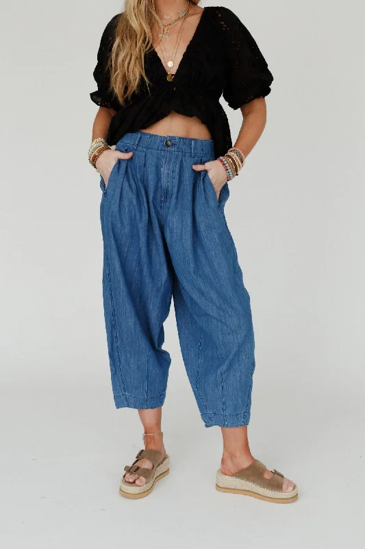 Cool Touch Pleated Pants - Denim Relaxed Casual Leggings