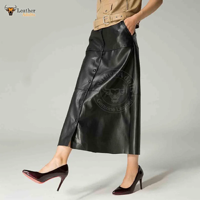 Womens Real Lambskin Leather Black Long Maxi Skirt Vintage Button Pocket Maxi Skirt relaxed fit skirt
