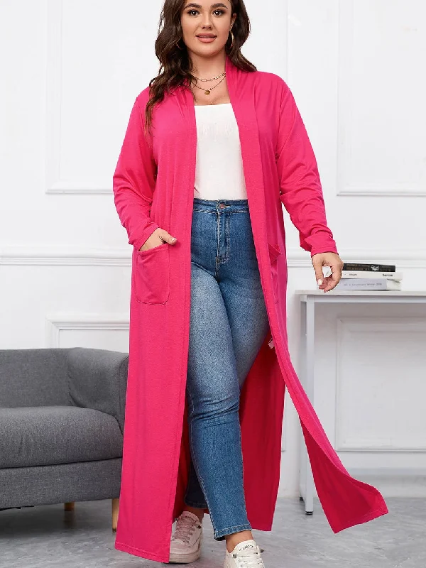 Strawberry Pink Plus Size Side Split Pockets Duster Cardigan Velvet Chenille Corduroy