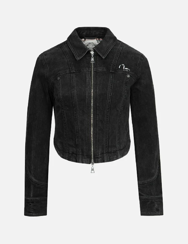 Seagull and Logo Laser Print Fashion Fit Denim Corset Jacket Notch Collar Jacket Peter Pan Collar Jacket Cowl Neck Jacket