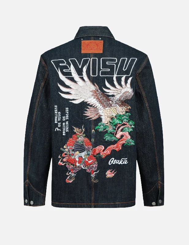 Eagle and Samurai Embroidery Retro Denim Jacket Cotton Jacket Linen Jacket Terry Jacket