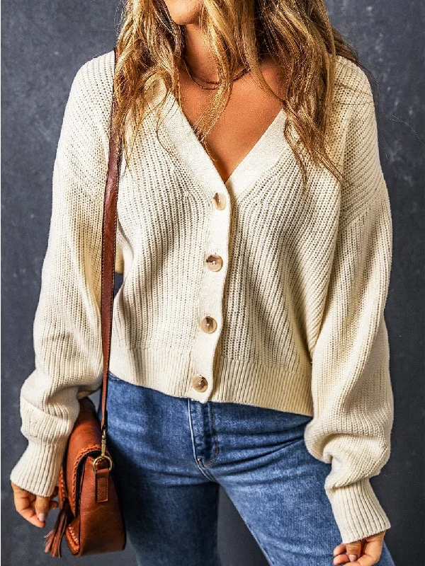 Beige V Neck Button-Up Knit Cardigan Jersey Fabric Tulle Fabric Batik Fabric