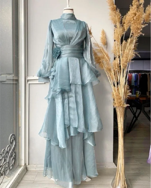Blue Modest Long Sleeves Multi Layered Prom Dress A Line Party Dress cc1727 Tunics stripes playful