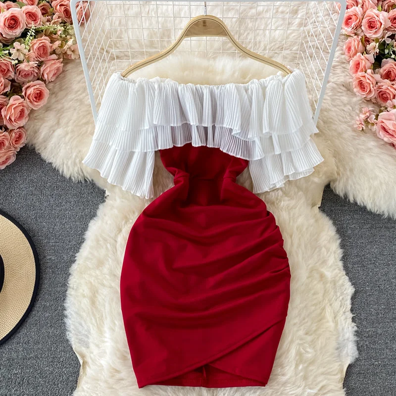 Straight neck off shoulder temperament Hepburn wrap hip short skirt  3209 leather skirt modern