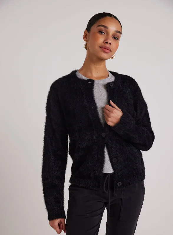 Fuzzy Crew Neck Cardigan - Black Crew Neck V-Neck Turtle Neck