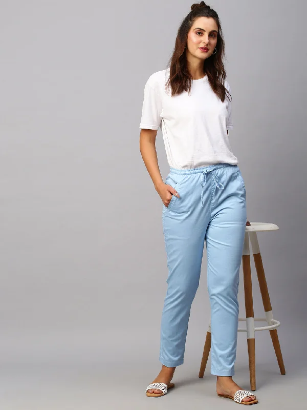 Women's Blue Cotton Lycra Regular Fit Pant Classic Chino Pants