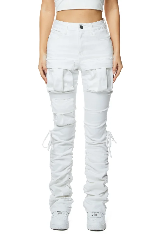 High Rise Bootcut Strap Twill Pants - White Trendy Printed Pants