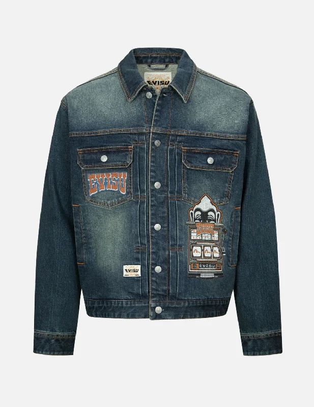 Logo and Godhead Lucky Slot Machine EmbroideriesRelax Fit Denim Jacket Fitted Jacket Loose Jacket Oversized Jacket