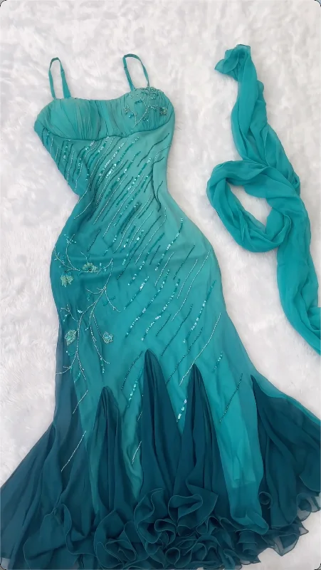 Blue Spaghetti Straps Sequins Retro Long Party Dress, DP4185 Tunics Fall fleece