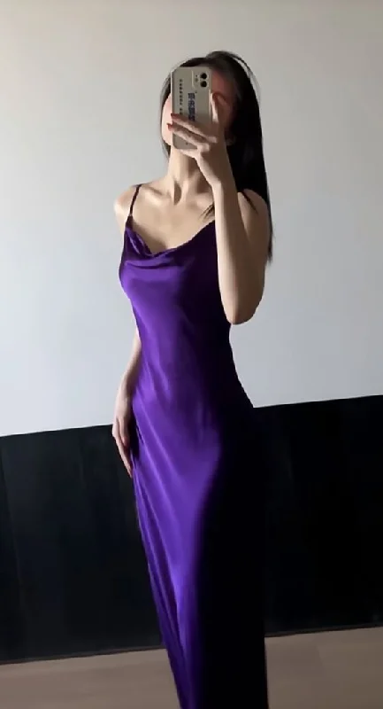 Charming Grape Purple Satin Long Prom Dress Birthday Party Dress cc2083 Tunics Party sparkling
