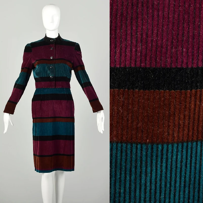 Small 1980s Horizontal Stripe Skirt Set Jewel Tone Suit Narrow Wale Corduroy Separates Outfit denim skirt trendy