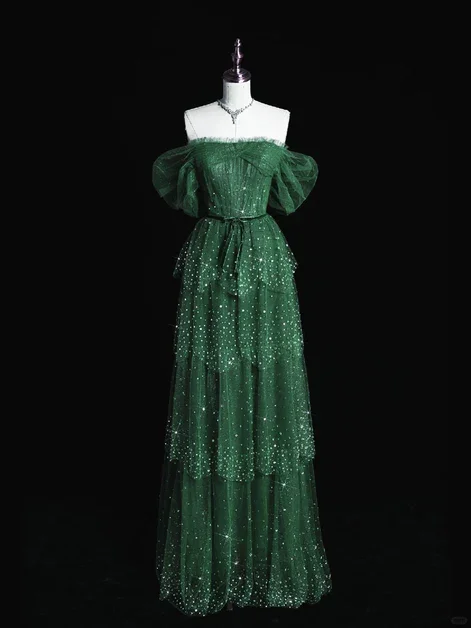 Sparkly Green Layers Tulle Prom Dress, Off The Shoulder A Line Long Party Dress cc1510 Tunics Chinos classic