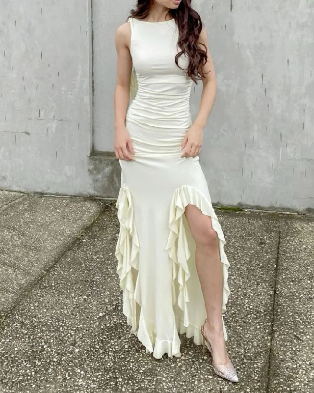 Ivory Sleeveless Sheath Ruffles Long Party Dress Fashion Date Dress, DP4425 Sequined Elegant Party Ivory Sleeveless Sheath Ruffles Long Party Dress Fashion Date Dress, DP4425 Sequined Elegant Party