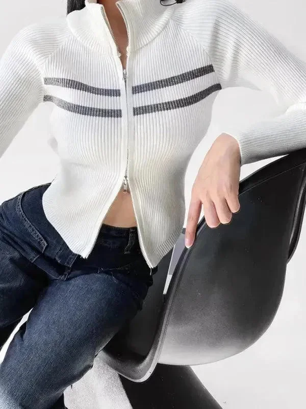 Zipper Striped Cardigan Sweater Lace Blend Ribbed Blend Corduroy Blend