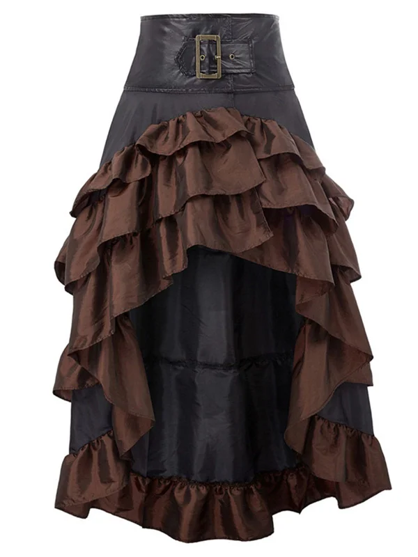 Brown Ruffle Patchwork Irregular Skirt lace skirt elegant