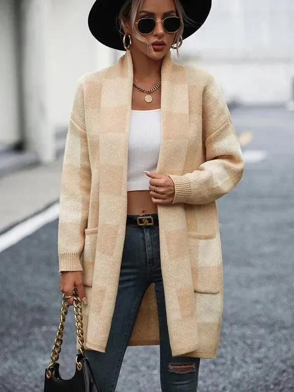 Loose Plaid Color Block Knit Cardigan Sweater Anti-Pilling Anti-Shrink Durable