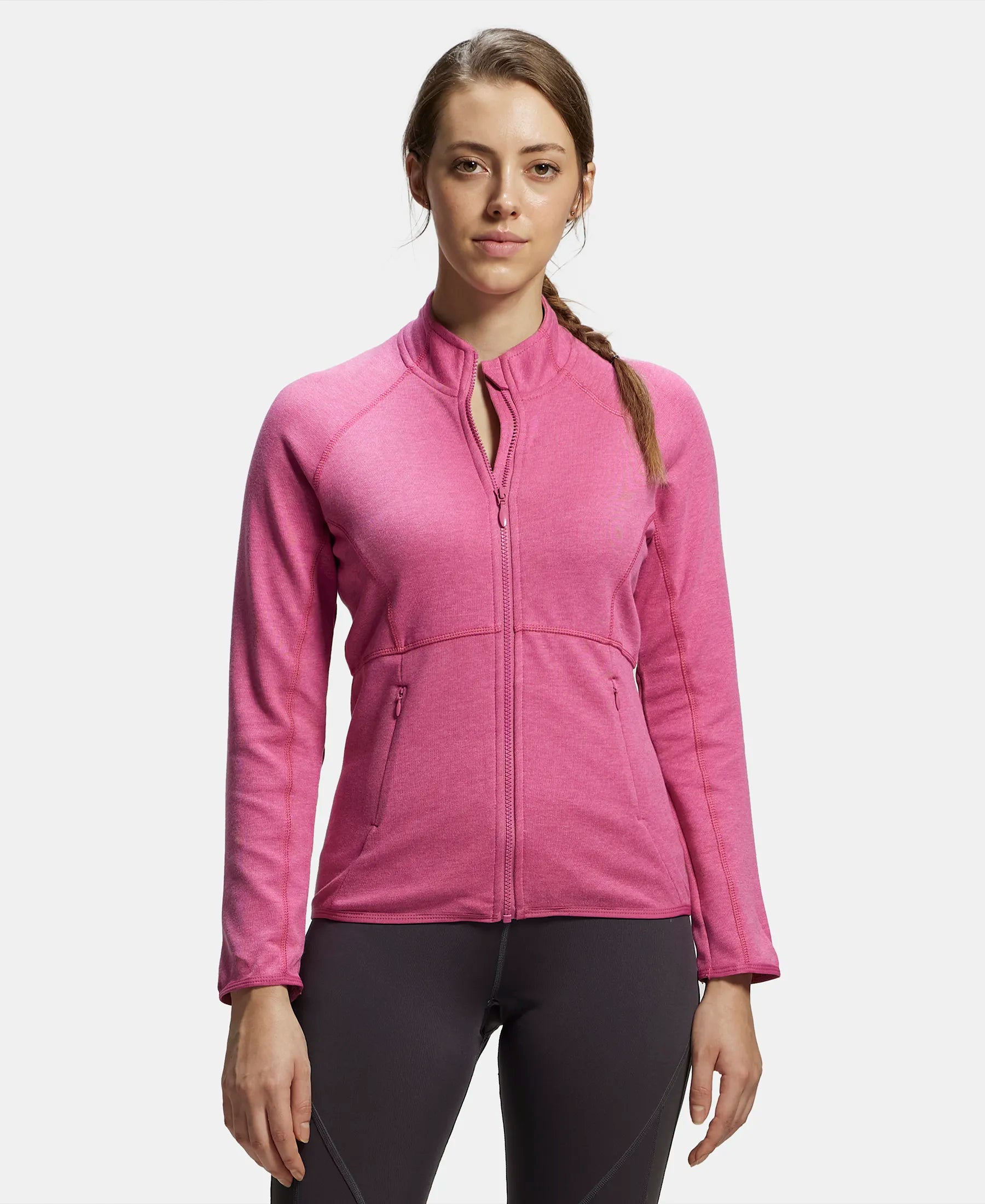 Polyester Cotton Interlock Slim Fit Full Zip High Neck Jacket with Convenient Zipper Pockets - Ibis Rose Melange A-Line Jacket Boat Neck Shawl Collar