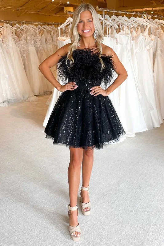 Black Sequins Feather A-Line Short Party Dress Tunics Bestseller popular