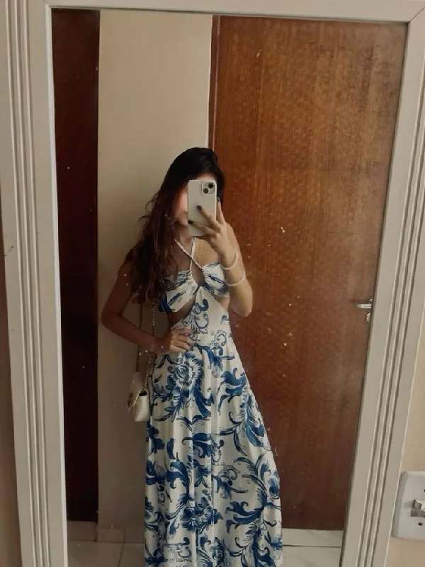 Beautiful Halter A-Line Floral Printed Long Party Dress, DP4063 Tunics Yoga stretchy