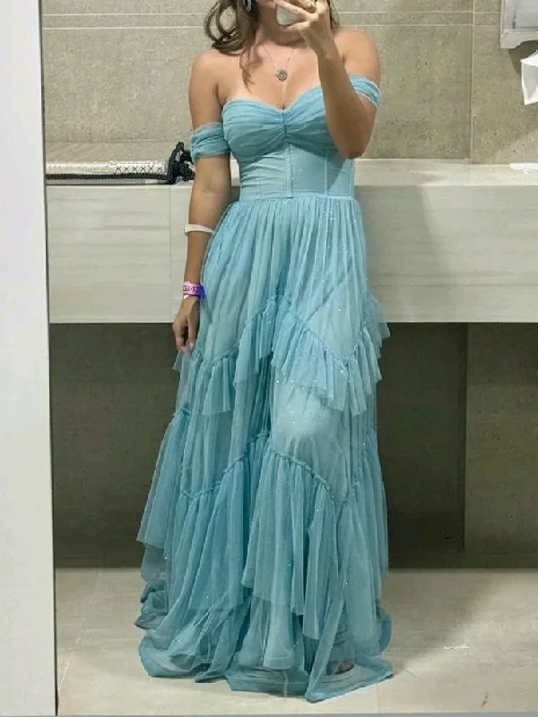 Elegant Off The Shoulder Long A Line Party Dress Shiny Layered Tulle Prom Evening Dress cc1535 Pencil Length Work