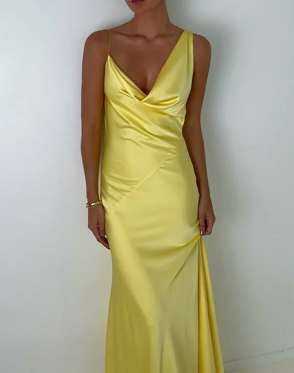 Yellow Straps Sheath Satin Simple Long Party Dress Wedding Guest Dress, DP4534 Peplum Ruffle Cocktail Yellow Straps Sheath Satin Simple Long Party Dress Wedding Guest Dress, DP4534 Peplum Ruffle Cocktail