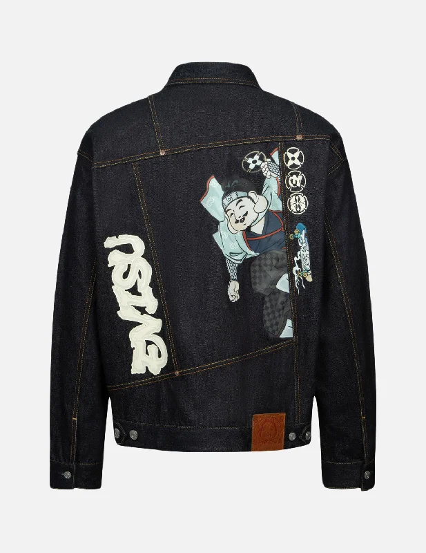 Ninja Godhead Print Loose Fit Deconstructive Denim Jacket Faux Fur Jacket Real Fur Jacket Shearling Jacket