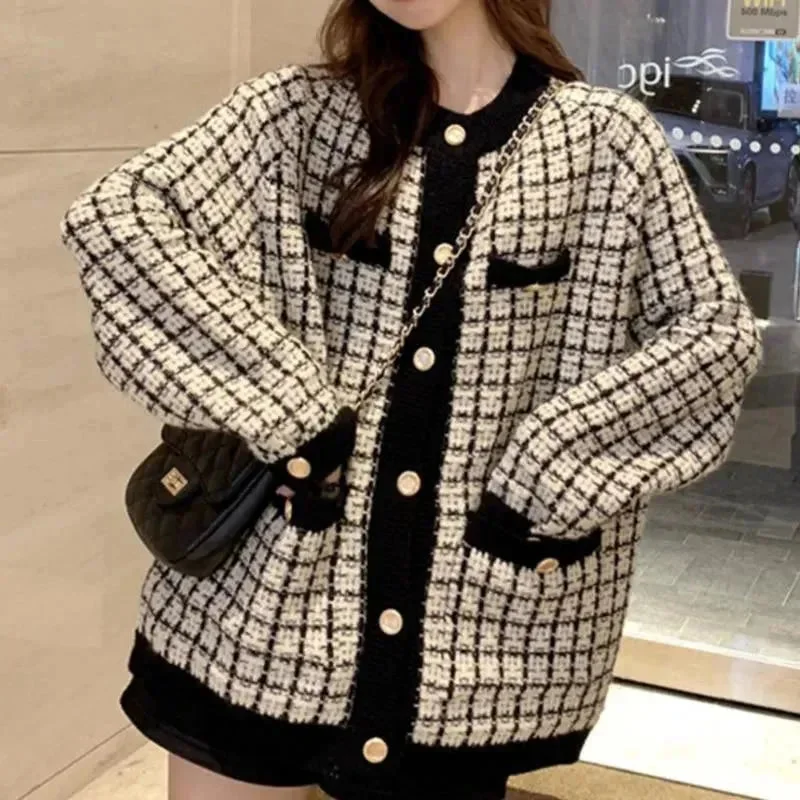 Plaid Oversized Cardigan Sweater for Women Beaded Cardigan Sequined Faux Fur