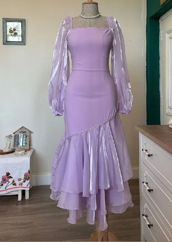Modest Purple Long Sleeves Sheath Ruffles Long Party Dress, DP4058 Tunics Wedding white