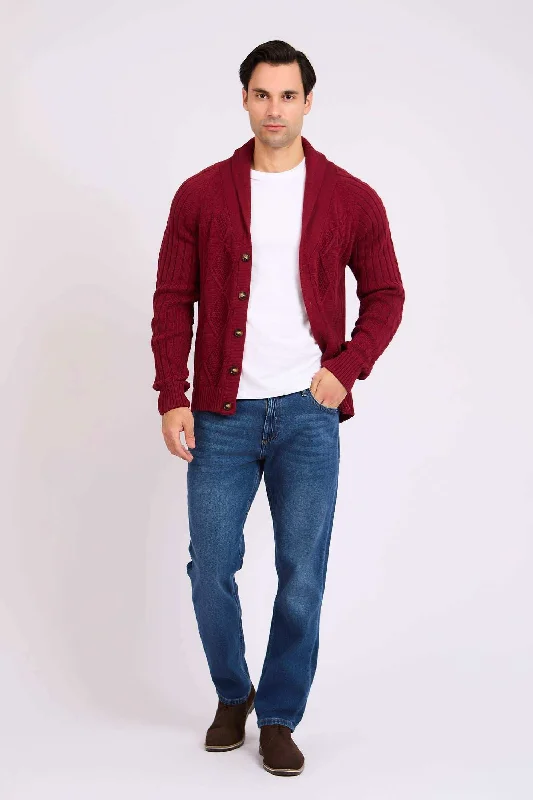 Men Regular Fit Cardigan - Red Fleece Cardigan Nylon Polyester