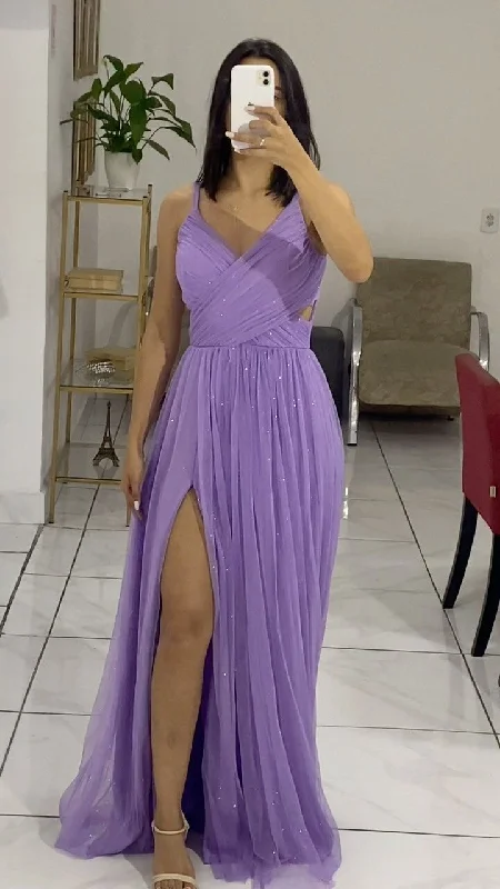 Purple Spaghetti Straps A-Line Tulle Long Formal Party Dress, DP4085 Tunics Print Colorful