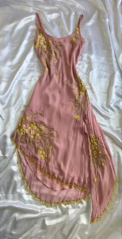 Pink Spaghetti Straps Embroidery Sheath Vintage Party Dress, DP4120 Satin Halter Glamorous