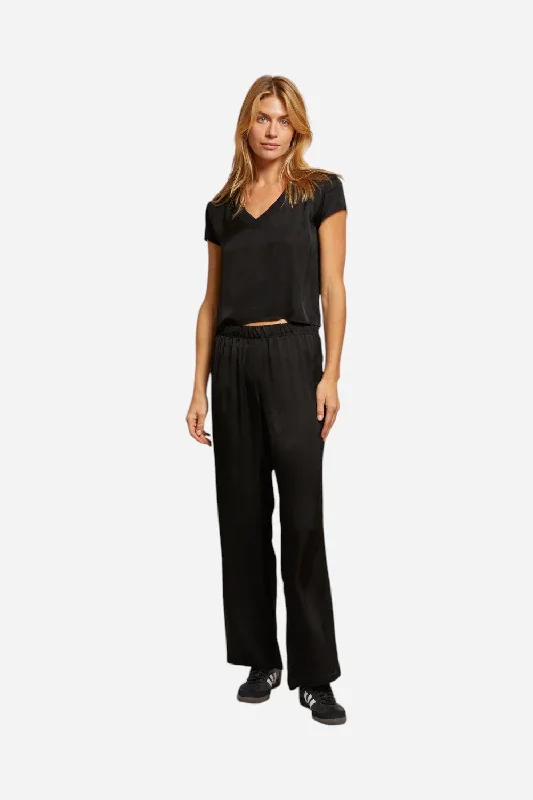 Perfect White Tee Camile Satin Wide Leg Pant in True Black Fashionable Jogger Pants