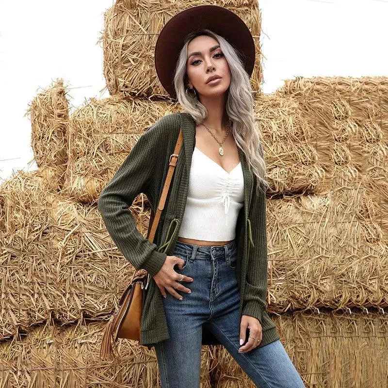 Lace-Up Hooded Knitted Cardigan Sweater Zippered Buttoned Snapped