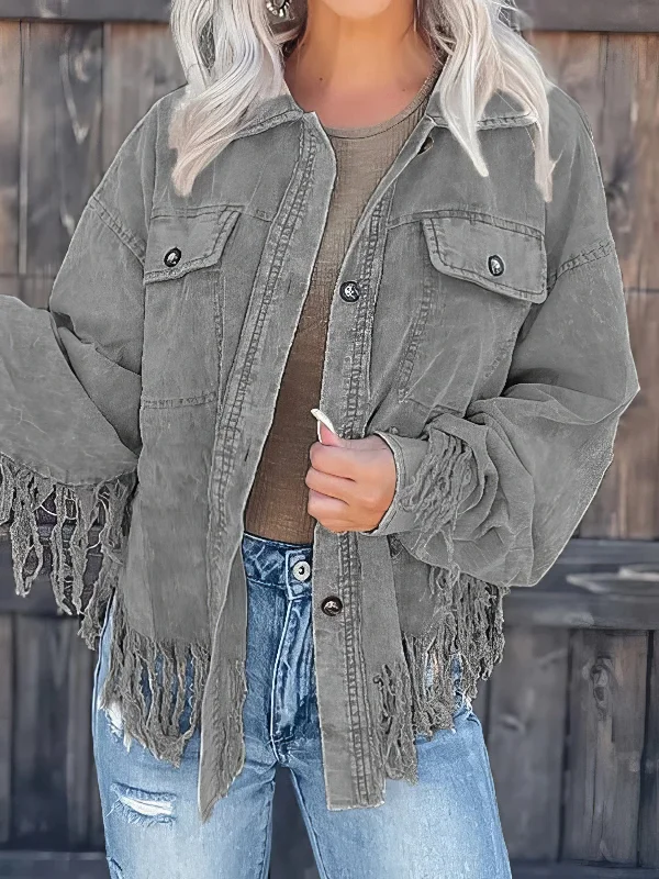 Beige Corduroy Jacket with Fringe Trim Nylon Jacket Polyester Jacket Spandex Jacket
