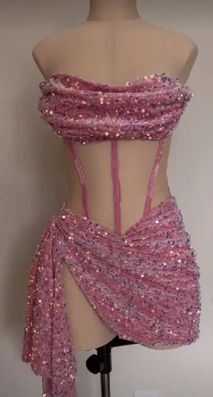 Pink Strapless Sequins Homecoming Dress Short Party Dress, DP4102 empire Waist empire