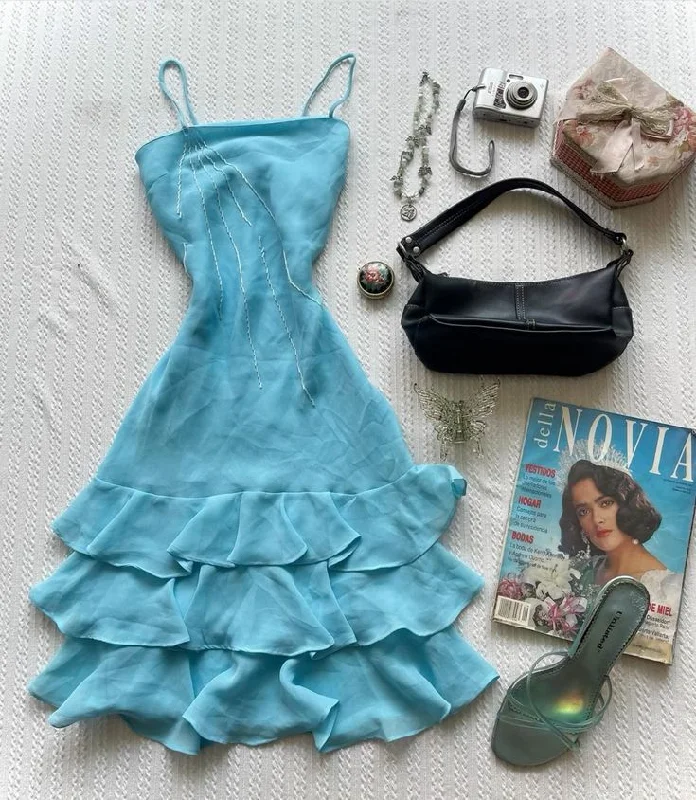 Blue Straps A-Line Vintage Midi Length Cocktail Dress Party Dress, DP4278 Square Neckline Feminine