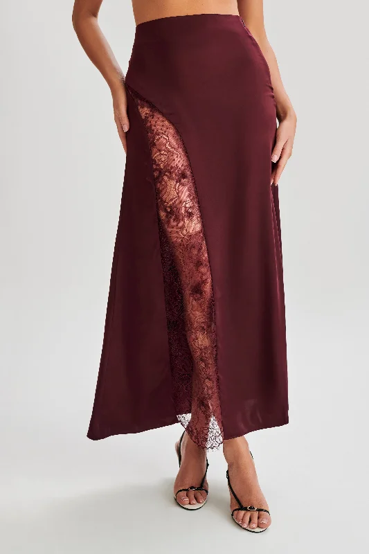 Luella Satin Lace Maxi Skirt - Plum pleated skirt texture
