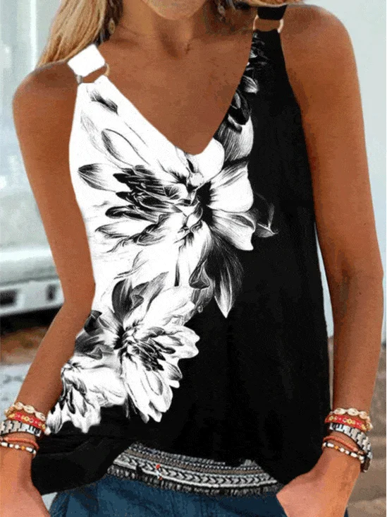 Black and White Floral Tank silver tank top