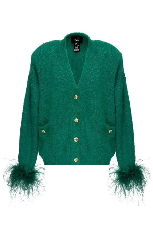 GREEN WOOL-BLEND CARDIGAN WITH GREEN FEATHER-DETAILING Silk Blend Satin Velvet