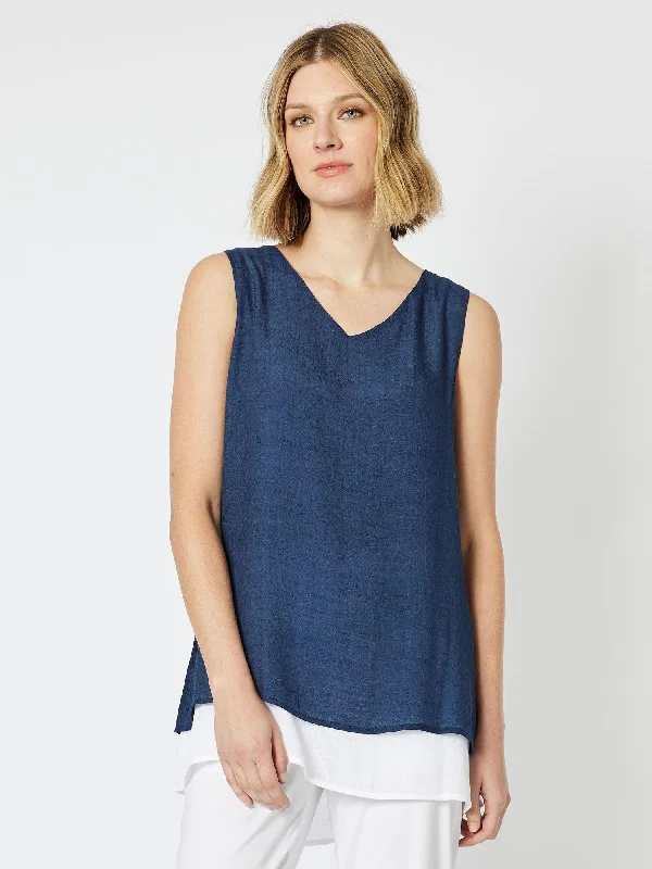 Kamari V - Neck Tank Top - Navy/White glitter tank top
