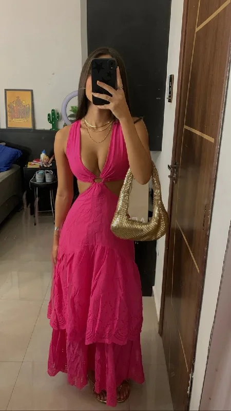 Hot Pink V Neck A-Line Wedding Guest Dress Long Party Dress, DP4308 Glittery Long Formal