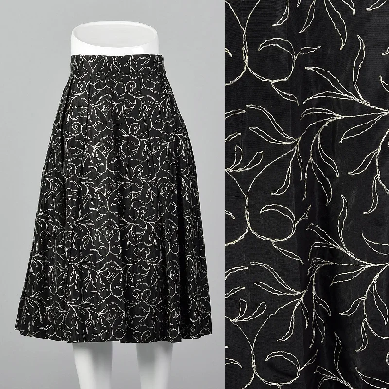 1950s Black Taffeta Skirt with Metallic Silver Embroidery pleated skirt texture