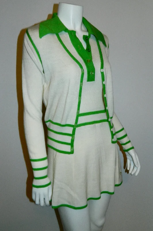 vintage 1970s tennis dress WHITE STAG knit mini dress cardigan sweater white kelly green XS Fitted Loose Oversized