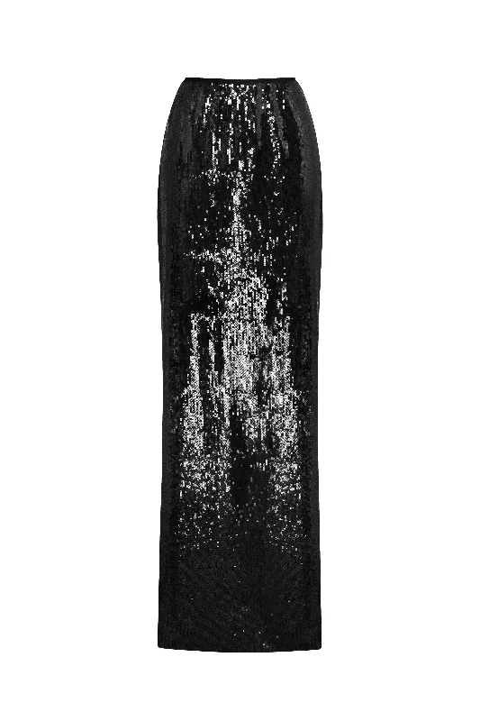 Dramatic fitted sequined black maxi skirt, Midnight Walk chiffon skirt flowing