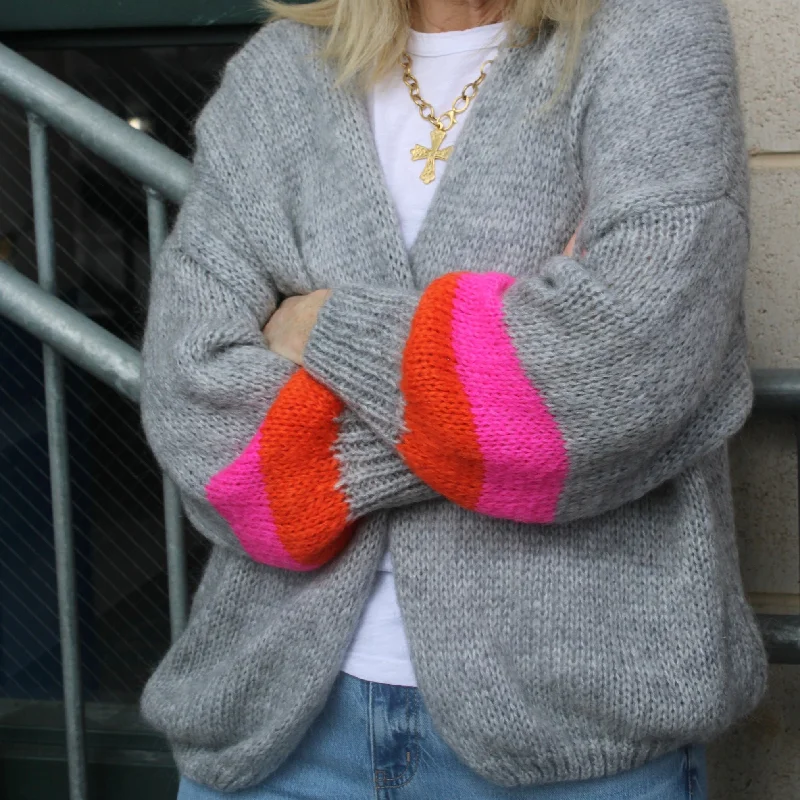 Mohair Orange & Pink Colorblock Sleeve Open Cardigan Terry Terry Cloth Terry Knit