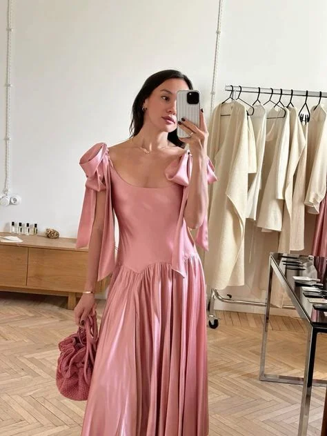 Lovely Pink A-Line Satin Long Party Dress Wedding Guest Dress Birthday Dress, DP4601 Turtleneck Warm Winter
