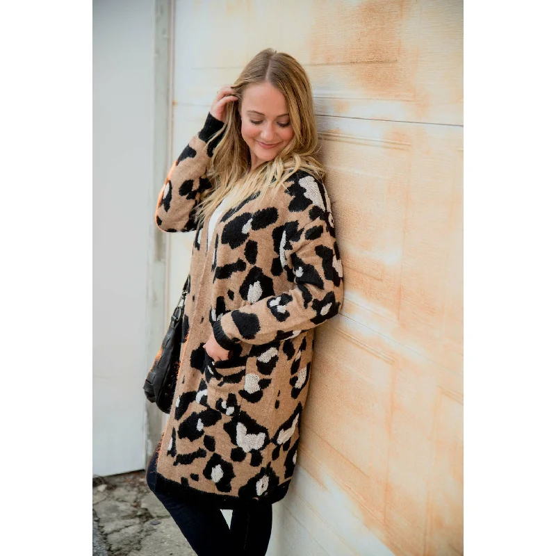 Leopard Solid Trim Cardigan Fitted Loose Oversized