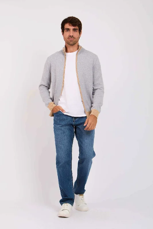 Men Regular Fit Cardigan - Grey Real Fur Shearling Chenille