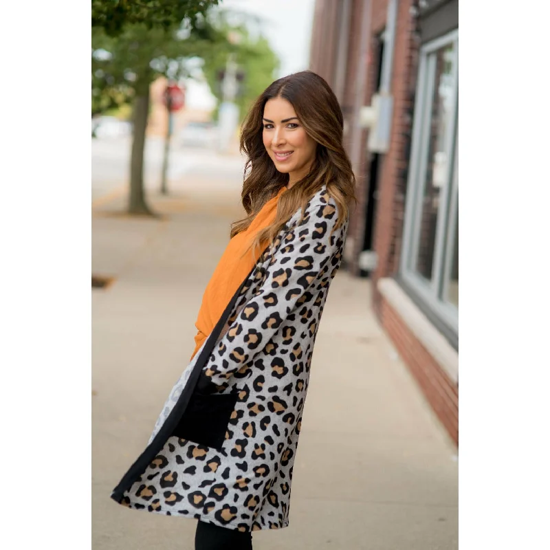 Leopard Solid Trim Tunic Cardigan Fleece Cardigan Nylon Polyester